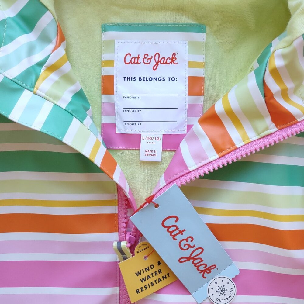 💛 NEW Rain Jacket Full Zip Lined Hood Colorful Stripes Size Girl Large 10/12 - Picture 3 of 10